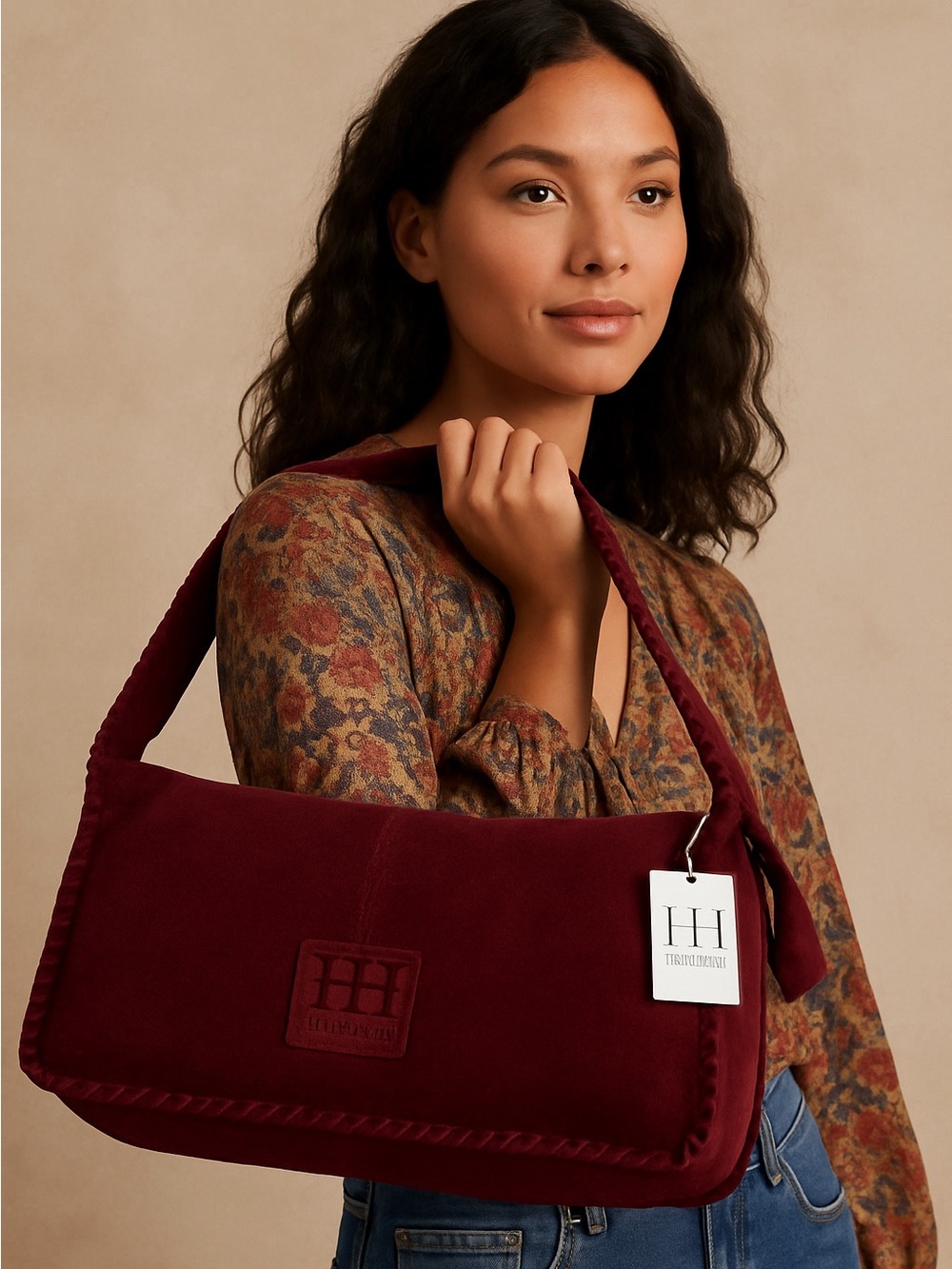 Haute Hippie Women's Burgundy Genuine Suede Whipstitch Trim Shoulder Bag